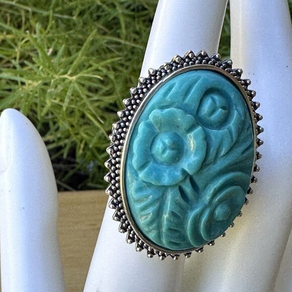 VTG Amy Kahn Russell Sterling Silver Ring Sz 5.75 Floral Carved Turquoise‎ 16.3g - Picture 2 of 8